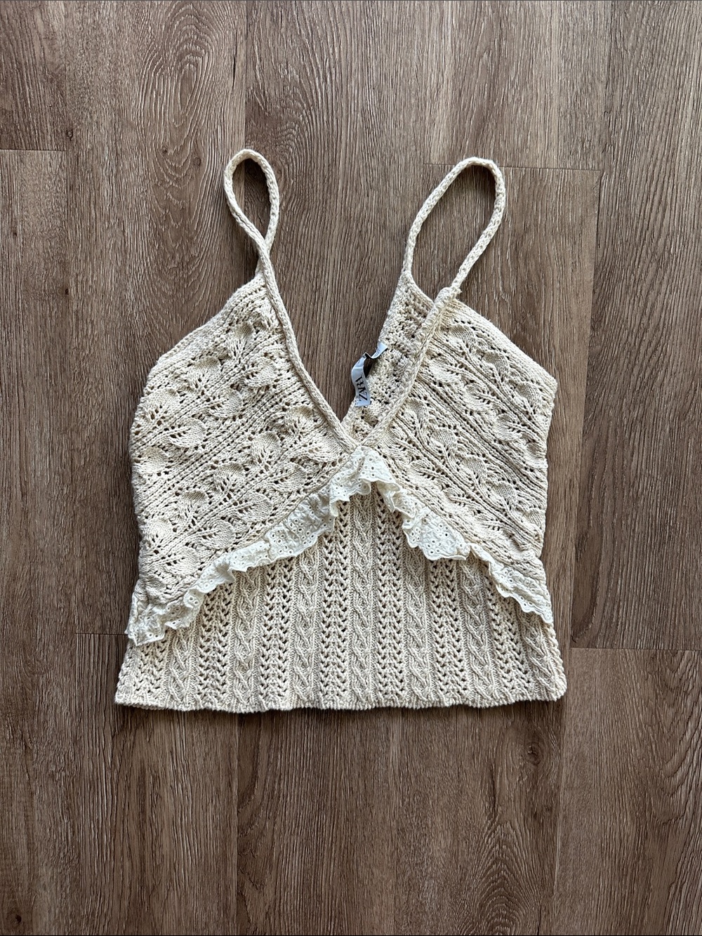 Zara Crochet Knit Cropped Tank Top Cream Boho V-Neck Sweater‎